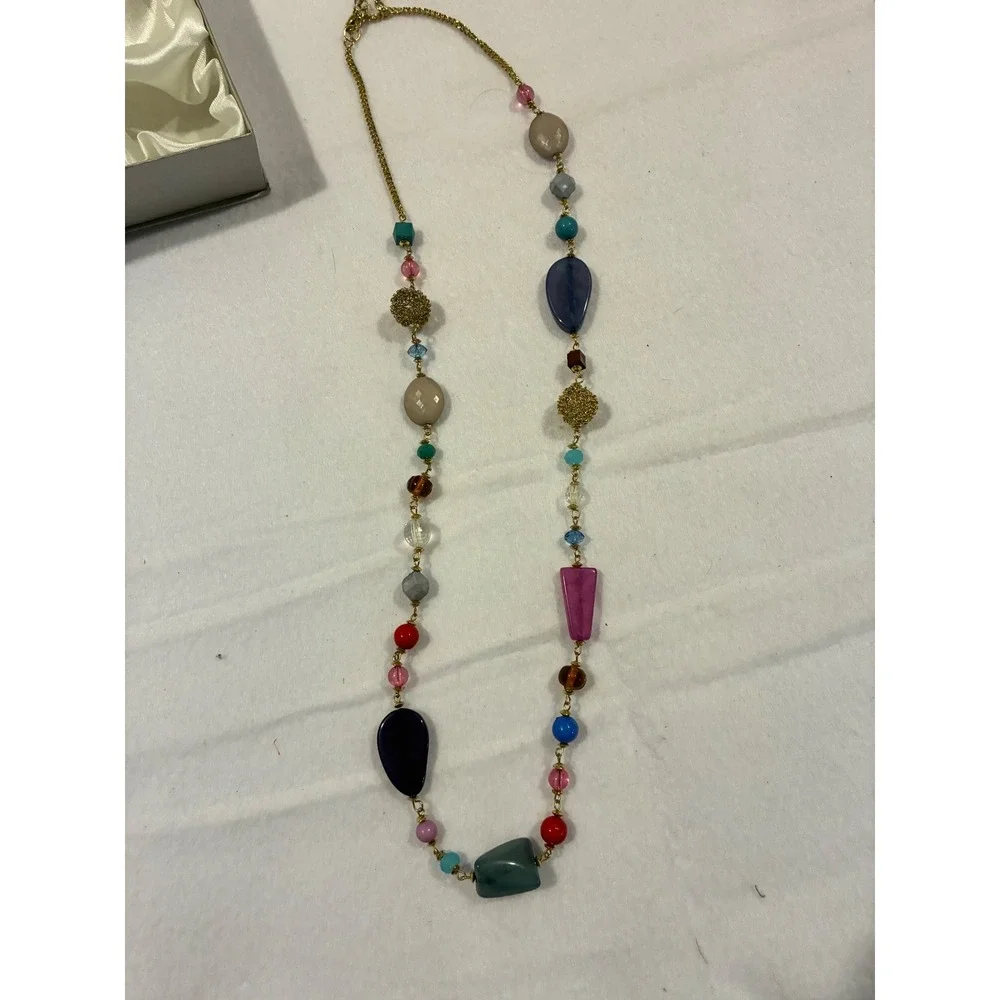 Multi Color Beaded Long Gold Tone Chain Necklace Boho Statement Jewelry